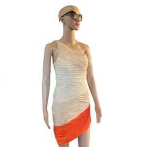 Bebe Kardashian Bodycon Small Cocktail Pin Tucked Silk Asymmetrical Ombre Orange